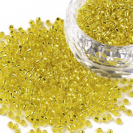 FGB Seed Beads, Yellow 11/0 Round Transparent Glass Seed Beads, Silver Lined Round Hole, 2x1.5mm, Hole: 0.3mm, about 3300pcs/50g