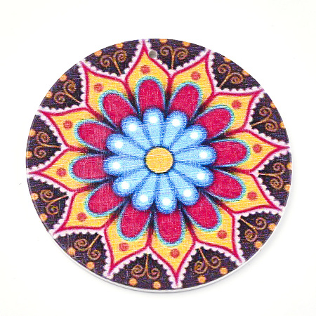 Honeyhandy  Printed Wooden Big Pendants, Dyed, Flat Round with Flower, Colorful, 60x2.5mm, Hole: 1.5mm