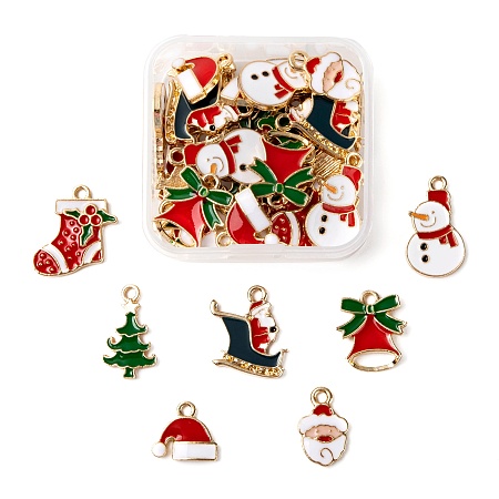 42Pcs 7 Style Golden Alloy Enamel Pendants, Christmas Theme, Bell & Father Christmas with Sledge & Snowman & Christmas Sock & Santa Claus & Hat & Christmas Tree, Mixed Color, 6pcs/style