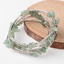 Honeyhandy 5-Loop Natural Green Aventurine Chip Beaded Wrap Bracelets, with Steel Bracelet Memory Wire, Brass Tube Beads and Iron Spacer Beads, 52mm