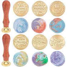 ARRICRAFT Wax Seal Stamp Kit 6 pcs Thank You Happy Birthday Texts Pattern Brass Heads with 2 Wooden Handle Vintage Seal Wax Stamp Kit for Cards Envelopes Invitations Decor