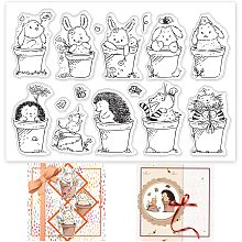 GLOBLELAND Animal Pot Clear Stamp Potted Plant Transparent Silicone Stamp Rabbits Hedgehog Cat Mice Rubber Stamp for Scrapbook Journal Card Making 6.3 x 4.3 inch