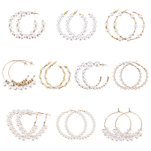 ANATTASOUL 10 Pairs 10 Style Plastic & Resin Imitation Pearl Beaded Hoop Earrings Set, Alloy & 304 Stainless Steel & Iron Ring Stud Earrings for Women, White, 49~66x4~8mm, Pin: 0.7~1mm, 1 Pair/style