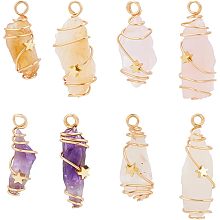 FINGERINSPIRE 8Pcs 4 Styles Natural Quartz Amethyst Stone Pendants Charms Gold Plated Wire Wrapped Crystal Gemstone Original Raw Irregular Healing Stone Charms Rough Stone Pendant for Jewelry Making