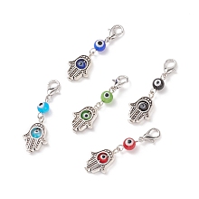 Honeyhandy Handmade Evil Eye Lampwork Round Pendant Decorations, with Hamsa Hand Alloy Bead and Lobster Claw Clasps, for Keychain, Purse, Backpack Ornament, Mixed Color, 40mm