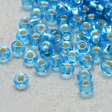 FGB 6/0 Round Glass Seed Beads, Silver Lined, Deep Sky Blue, 6/0, 4x3mm, Hole: 1mm, about 4500pcs/pound