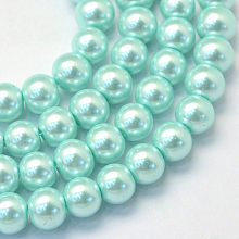 Baking Painted Pearlized Glass Pearl Round Bead Strands, Aquamarine, 8~9mm, Hole: 1mm; about 105pcs/strand, 31.4 inches