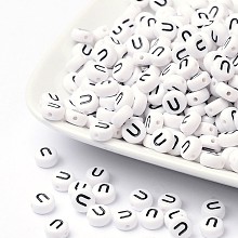 Honeyhandy Acrylic Beads, with Horizontal Hole, Letter, Flat Round, Letter.U, 7x4mm, Hole: 1mm, about 3500pcs/500g