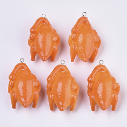 Honeyhandy Resin Pendants, with Platinum Plated Iron Loop, Roast Duck, Imitation Food, Coral, 42~43x27~28x18mm, Hole: 2mm