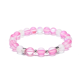 Honeyhandy Synthetic Moonstone & Brass Beaded Stretch Bracelet for Women, Pink, Inner Diameter: 2-1/4 inch(5.6cm)