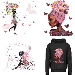 CREATCABIN Black Girl Iron On Stickers Set Beautiful Butterfly Flowers Heat Transfer Patches for Shirt Decals Clothing Design Washable Sticker for Clothes Jackets Jeans Bags DIY Decoration Pink 3pcs