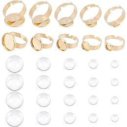 UNICRAFTALE 10 Sets Golden DIY Flat Round Finger Ring Making Kit Adjustable 304 Stainless Steel Finger Rings Componets 20 Pcs Clear Glass Beads for Jewlery Making 17~18mm Inner Diameter