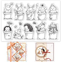 GLOBLELAND Animal Pot Clear Stamp Potted Plant Transparent Silicone Stamp Rabbits Hedgehog Cat Mice Rubber Stamp for Scrapbook Journal Card Making 6.3 x 4.3 inch