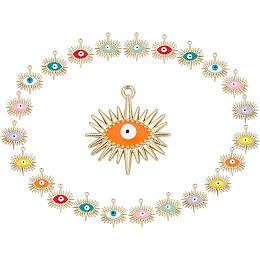 SUNNYCLUE 1 Box 32Pcs 8 Colors Colorful Evil Eye Charm Golden Plated Enamel Eye Alloy Pendant Flatbacks Lucky Chakra Pendants for Jewelry Making Charms Bracelets Earrings Findings Accessory