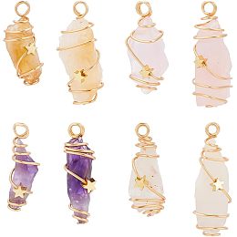 FINGERINSPIRE 8Pcs 4 Styles Natural Quartz Amethyst Stone Pendants Charms Gold Plated Wire Wrapped Crystal Gemstone Original Raw Irregular Healing Stone Charms Rough Stone Pendant for Jewelry Making