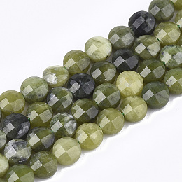 Honeyhandy Natural Canadian Jade Beads Strands, Faceted, Flat Round, 6.5~7x4mm, Hole: 1mm, about 58pcs/strand, 14.7 inch~14.9 inch