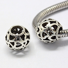 Honeyhandy Alloy European Beads, Tibetan Style, Large Hole Beads, Rondelle with Heart, Hollow, Antique Silver, 11x11mm, Hole: 5mm