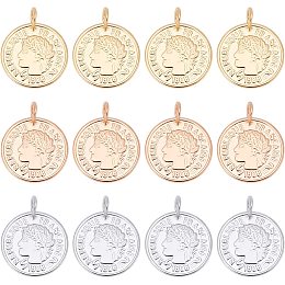 DICOSMETIC 12Pcs 3 Colors Stainless Steel Flat Round Coin Pendants Golden Republique Francaise 1808 Charms Large Hole Pendants for Necklace Bracelet Jewelry Making