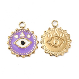 Honeyhandy PVD Vacuum Plating 201 Stainless Steel Enamel Pendants, Real 18K Gold Plated, Flat Round with Eye Charm, Medium Purple, 21.5x18x1.5mm, Hole: 2.6mm