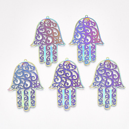 ARRICRAFT 201 Stainless Steel Filigree Big Pendants, Etched Metal Embellishments, Religion, Hamsa Hand/Hand of Fatima/Hand of Miriam, Rainbow, Multi-color, 55x36.5x0.2mm, Hole: 1.5mm