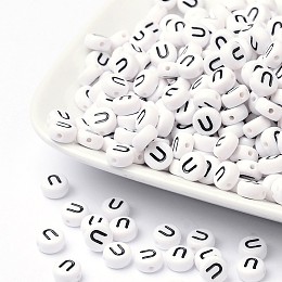 Honeyhandy Acrylic Beads, with Horizontal Hole, Letter, Flat Round, Letter.U, 7x4mm, Hole: 1mm, about 3500pcs/500g