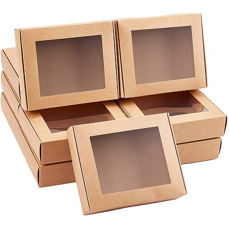 Bakery Box, with PVC Display Window, Cardboard Gift Packaging Boxes for Cookies, Small Cakes, Muffin, Rectangle, Camel, 11.5x13.7x3.5cm
