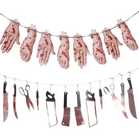 GORGECRAFT 2 Sets Bloody Garland Banner Scary Hanging Decor Banners Halloween Props Decorations Weapons Broken Feet Hands Zombie Vampire Diaries Horror Party Decorations Supplies