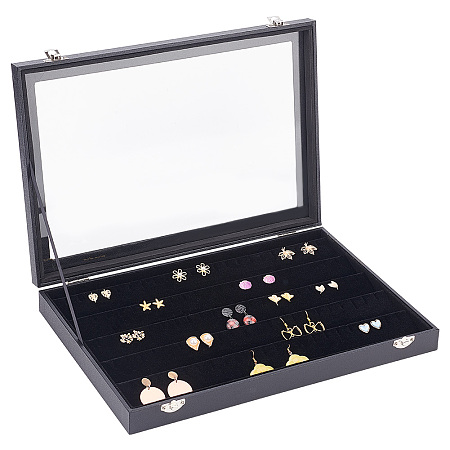 AHANDMAKER 5 Rows Rectangle Wood Jewelry Presentation Box, Glass Window Jewelry Storage Case with Plush Inside, for Earrings, Brooches, Black, 35.3x24.3x4.4cm