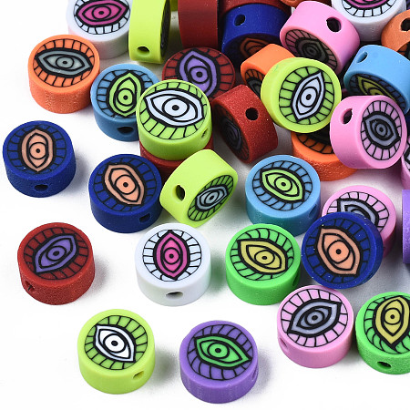 Arricraft Handmade Polymer Clay Beads,  Flat Round with Eye, Mixed Color, 9~10x4~5mm, Hole: 1.8mm