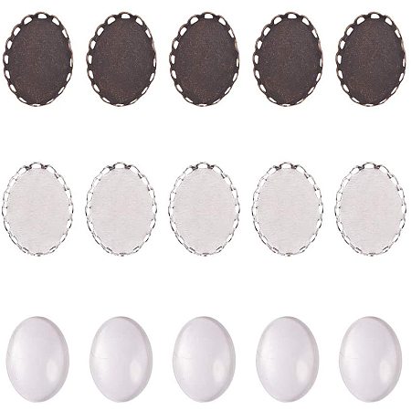 NBEADS 50 Sets 13x18mm Oval Flower Brass Bezel Pendant Trays and 50 Pcs Matching Transparent Glass Cabochons Cabochon Settings for DIY Photo Crafts Necklace Jewelry Making, Antique Bronze and Silver