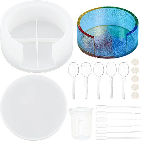 OLYCRAFT 18 Pieces DIY Cup Mats Silicone Molds Kits with Plastic Transfer Pipettes, Latex Finger Cots, Measuring Cup and Flatware Spoons for UV Resin and Epoxy Resin Craft Making