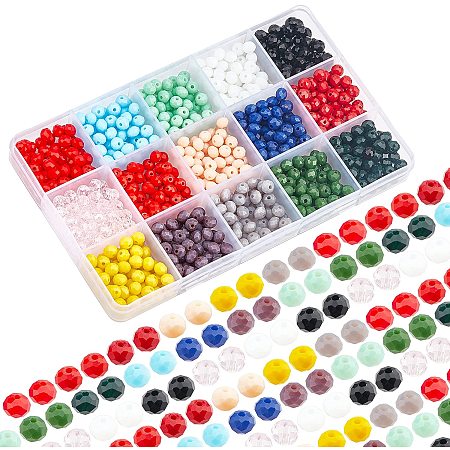 PandaHall Elite 900pcs Faceted Glass Beads, 15 Color Briolette Beads 6mm Rondelle Loose Beads Colorful Crystal Spacer Beads for Bracelets Necklace Jewelry Making