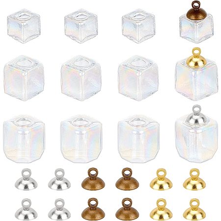 PandaHall Elite 12 Set Mini Empty Glass Globe Charms Cube Glass Vial Charm 3 Size Wish Bottle Charms Square Bottle Pendant with Caps for Handmade Earrings Jewelry Making Home Decor