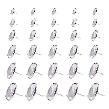 PandaHall Elite 36 pcs 6 Sizes Flat Round 304 Stainless Steel Stud Earring Cabochon Setting Post Cup with 36 pcs Matching Transparent Glass Cabochons for Earring DIY Jewelry Craft Making