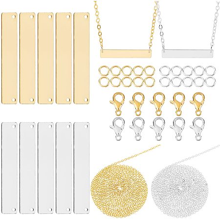 SUNNYCLUE 1 Box 40Pcs 2 Colors Stamping Tag Pendants Bar Charms Rectangle Brass Blank Stamp Tagging Metal Name Plate Charm Set with Lobster Clasps Chains for DIY Personalized Crafts Supplies