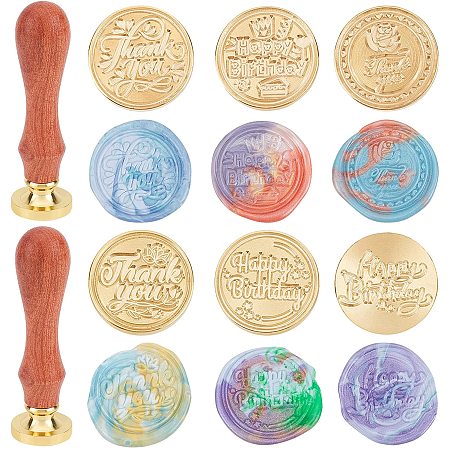 ARRICRAFT Wax Seal Stamp Kit 6 pcs Thank You Happy Birthday Texts Pattern Brass Heads with 2 Wooden Handle Vintage Seal Wax Stamp Kit for Cards Envelopes Invitations Decor