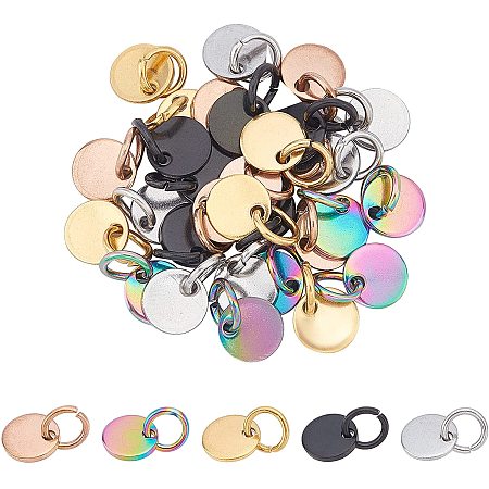 UNICRAFTALE About 30pcs 5 Colors Flat Round Charms with Jump Rings Stainless Steel Pendants Smooth Pendant Blank Tag for DIY Necklaces Jewelry Making 6mm