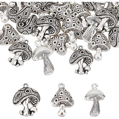 CHGCRAFT 60Pcs 3 Styles Mushroom Charms Antique Silver Mushroom Charms Pendant for DIY Bracelets Necklace Jewelry Making