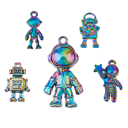 HOBBIESAY Rainbow Color Alloy Pendants, Spaceman and Robot, Rainbow Color, 17~32x8.5~18x3.5~12mm, Hole: 1.5mm, 5pcs/set, 2sets/box
