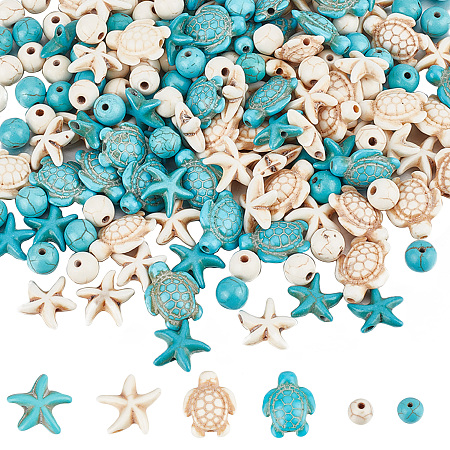 SUNNYCLUE 6 Strands 6 Styles Synthetic Howlite & Turquoise & Magnesite Beads Strands, Tortoise & Starfish & Round, 8~18x8~14x5.5~8mm, Hole: 1mm, 1 strand/style