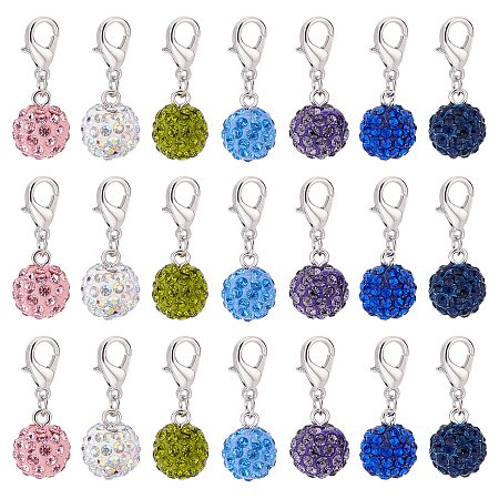 PandaHall Elite 28pcs 7 style Polymer Clay Rhinestone Pendant Decoration, with Zinc Alloy Lobster Claw Clasps and Iron Open Jump Rings, Mixed Color, 31mm, 4pcs/color