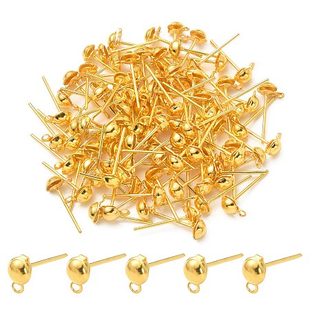 Honeyhandy Iron Stud Earring Findings, with Horizontal Loops, Flat Round, Golden, 13x4.3mm, Hole: 1mm