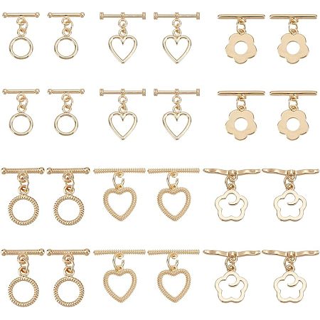 DICOSMETIC 24Pcs 6 Styles Toggle Clasps Brass Light Golden OT Clasps Heart/Twist Ring/Flower Toggles Jewellery Clasp TBar Clasps Findings for DIY Craft Bracelet Jewelry Making, Hole: Hole: 1.6mm