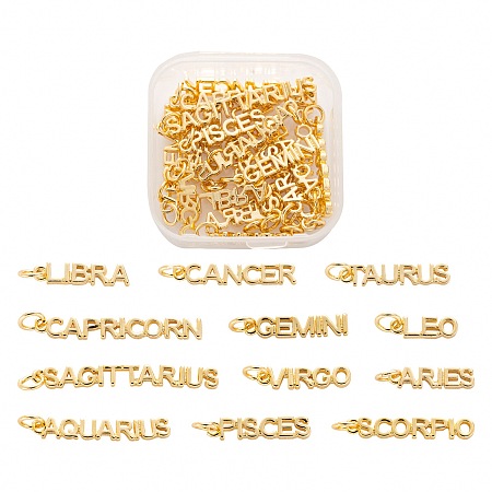 Arricraft 24Pcs/Box 12 Styles Golden Brass Pendants, with Jump Rings, Long-Lasting Plated, Word with Constellation/Zodiac Sign, 12 Constellations, 4x12~34x1.5mm, Hole: 3mm, 2pcs/style