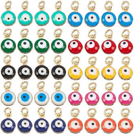 NBEADS 40 Pcs 18K Plated Gold Alloy Evil Eye Beads, 10 Colors Brass Enamel Pendants Mini Evil Eye Charms with Jump Ring for DIY Jewelry Earring Necklace Craft Making