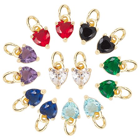 PandaHall Elite 14Pcs 7 Colors Brass Micro Pave Cubic Zirconia Charms, Long-Lasting Plated, Real 18K Gold Plated, Heart, Mixed Color, 8x5x3.5mm, Hole: 3mm, 2pcs/color