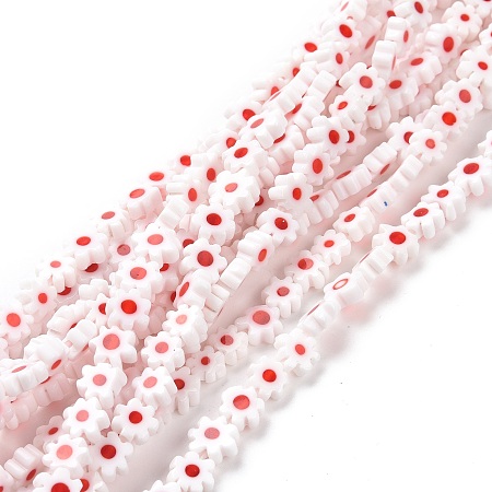 Handmade Millefiori Glass Bead Strands, Flower, Red, 7.5~9x3mm, Hole: 1mm, about 55~57pcs/strand, 15.55 inch~15.94 inch(39.5cm~40.5cm)