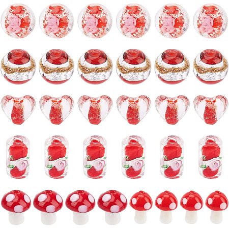 OLYCRAFT 38Pcs Lampwork Beads Glass Round Loose Beads Red Lampwork Beads Supplies for Rosary Making Jewelry Craft Making - 7 Styles