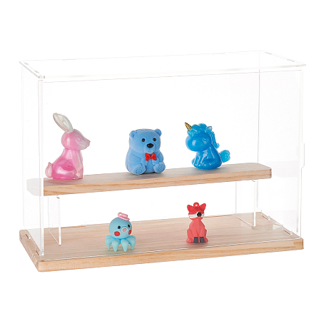 FINGERINSPIRE 2-Tier Transparent Acrylic Presentation Boxes, Minifigures Display Case, with Wood Base, for Doll, Action Figures Storage, Clear, Finish Product: 32x12x21.2cm, about 9pcs/set