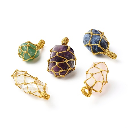 Honeyhandy Natural Mixed Gemstone Pendants, with Gold Metallic Wire, Nuggets, 32~50.5x15~22x11~17mm, Hole: 3~5x6mm
